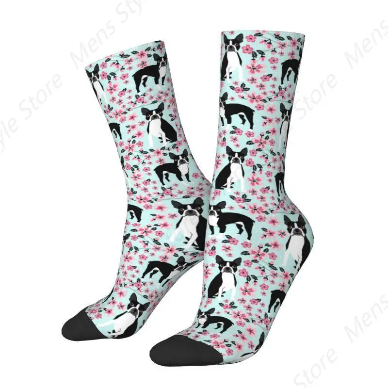 Boston Terrier Cherry Blossom Dog Dress Socks Mens Womens Warm Fashion Novelty Breed Pet Art Portrait Crew Socks