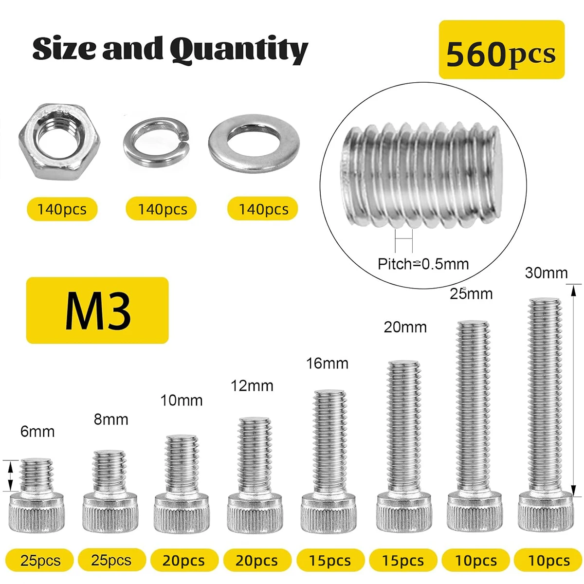 560Pcs 304 Stainless Steel Hexagonal Socket Head Bolt Nut and Washer Combination Kit Suitable for DIY, 3D Printer
