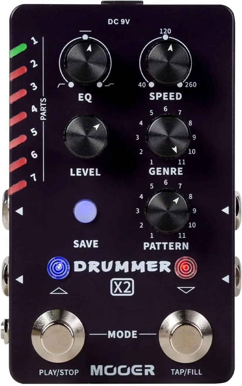 

Drum Machine Guitar Pedal with 121 Drum Grooves 11 Music Styles 7 Rhythm Slots Fill Function Tap Tempo Knob