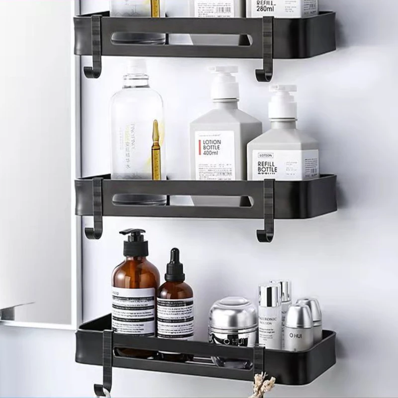 Rectangle Black Aluminum Wall Shelves Bathroom Corner Shelf Wall Mounted Kitchen Storage Holder Nail-free Easy install