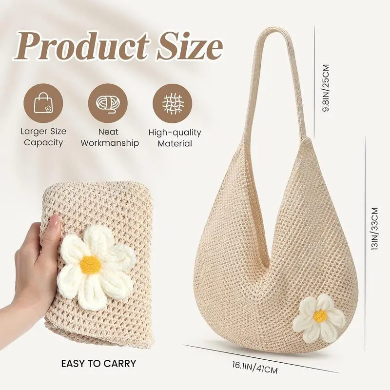 Women'S Daisy Crochet Shoulder Bag Soft Knit Mesh Hobo Tote Summer Beach Travel Daily Handbag image 5