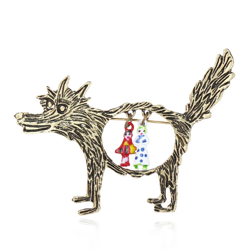 Vintage Wolf And Babies Little Girl Brooch Pins Fairy Story Theme Badge Brooches Cute Shirt Collar Laple Pin Accessories Jewelry