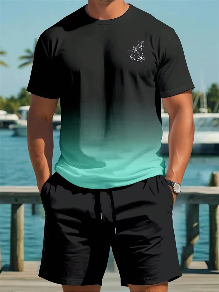 

Gradient 3D Printing Tracksuit Men's Short Sleeve Shorts Set Hawaiian Fashion Suit Summer Casual Outdoor Beach 2pcs Men Clothing