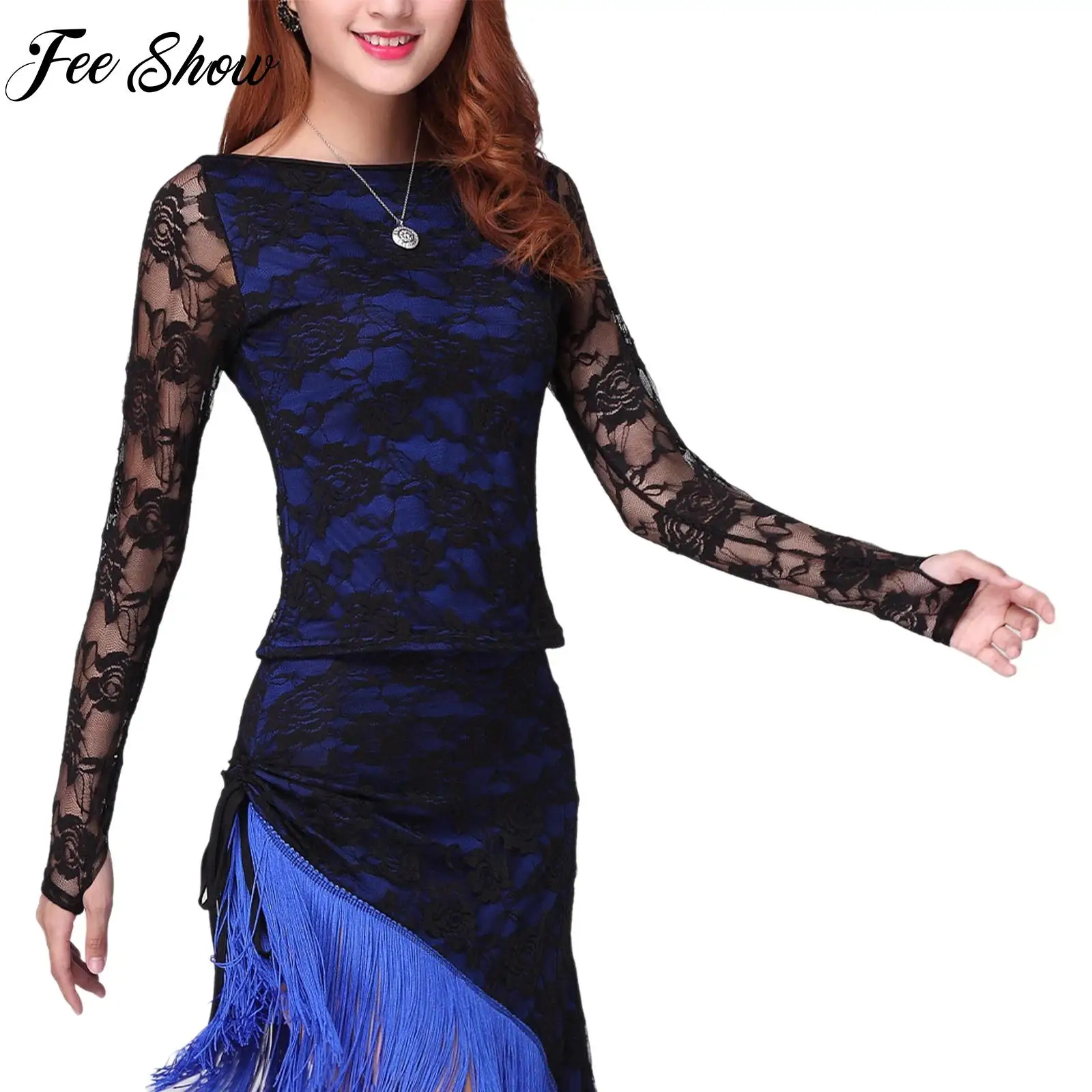 

Adult Womens Modern Dance Blouse Rose Sheer Lace Long Sleeve Pullover Tops Slim Shirt for Latin Chacha Dance Performance Party