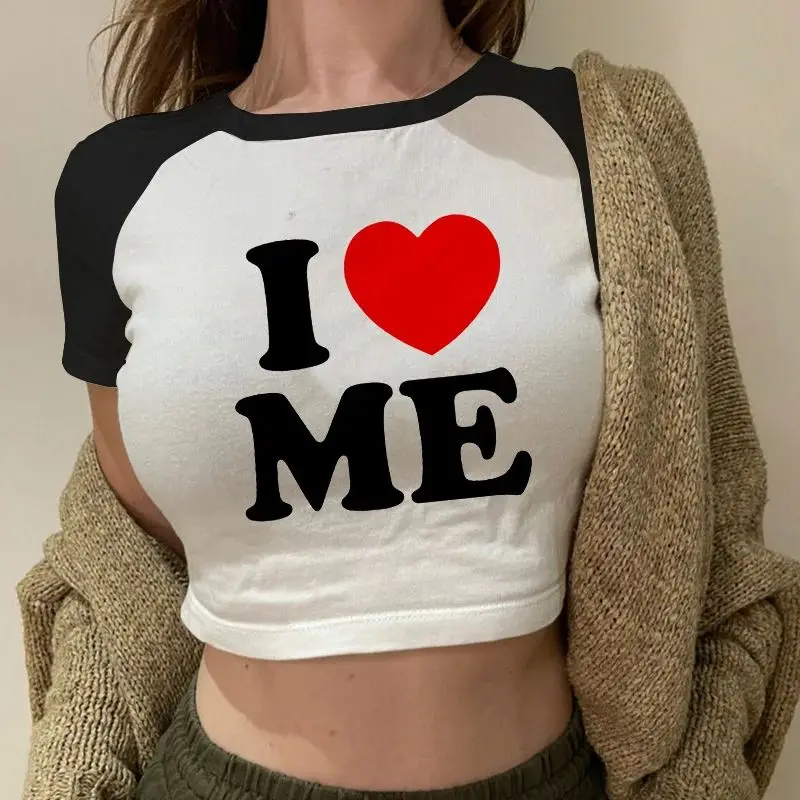 

I Love ME Print Funny Women's T-irt Harajuku Sle Aesthetic White Top for Ladies Autumn Season Other Material 00%