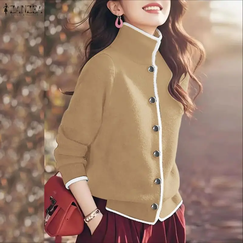 ZANZEA femmes élégant polaire tricoté Cardigans contraste-garniture col roulé à manches longues boutonné vestes automne hiver femme manteaux
