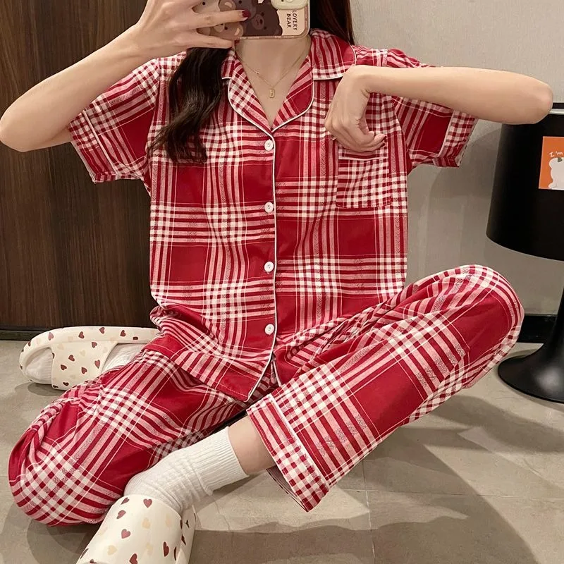 Korean Style Cute Grid Girls Pajamas Set Summer New Short Sleeves Leisure Sleepwear Women Loose Nightwear Soft Homewear Suit