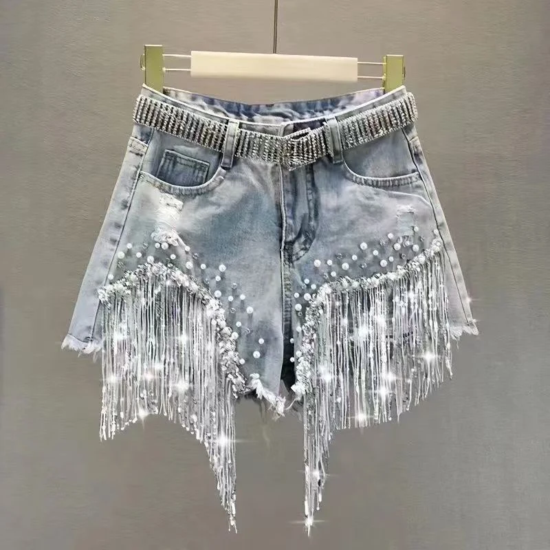 Sparkly Rhinestone Fringe Denim Shorts 2026 Summer New High Waist Ripped Hot Pants Women Slim Fit Beaded Jeans Shorts