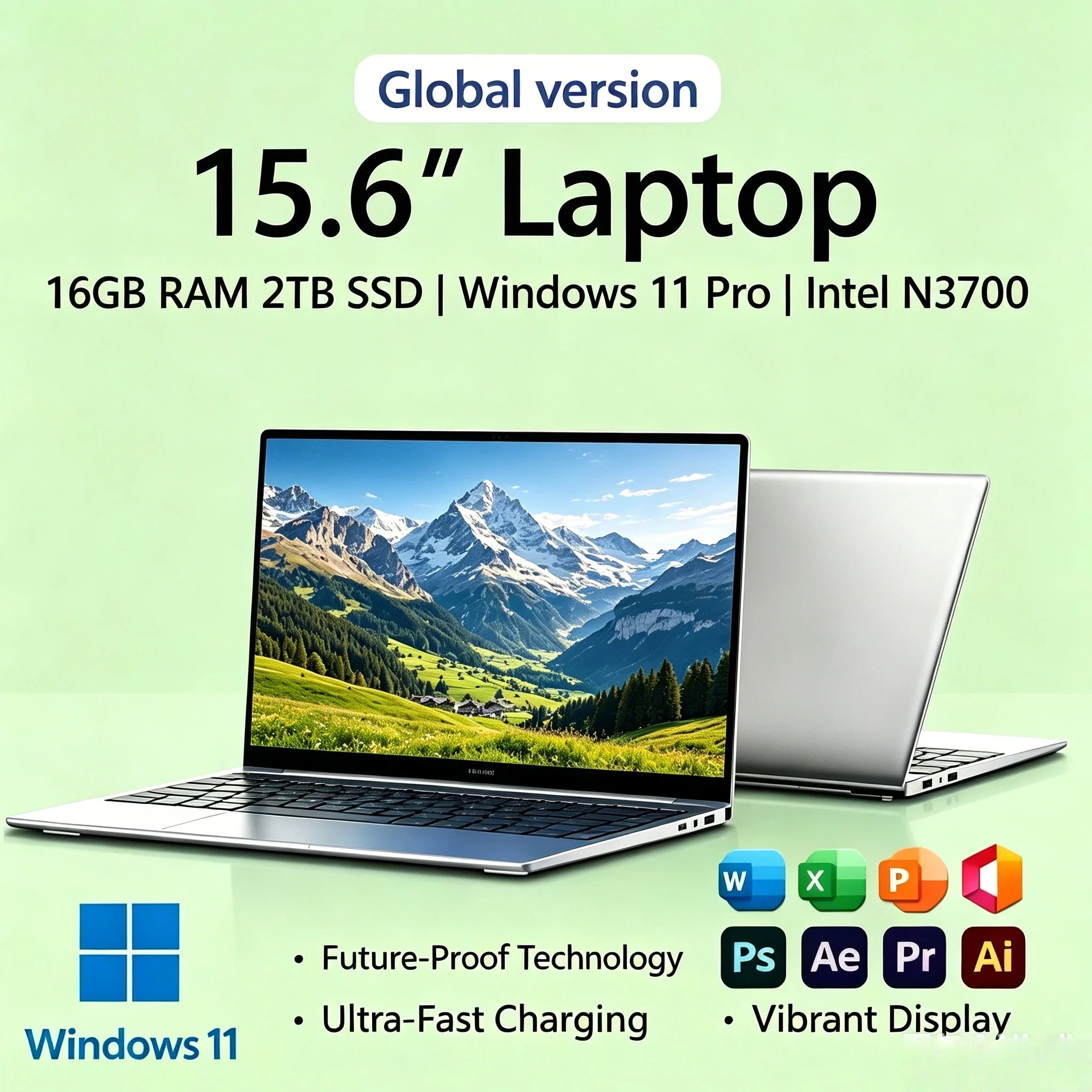 

Intel N3700 NEW 15.6 Inch Laptop 4 Core 4 Thread 1.6GHz 2.4GHz Turbo 16GB RAM 2TB SSD Windows 11 Ultra Slim Notebook Gamer Max