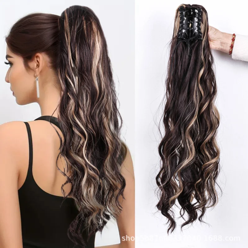 

Синтетический длинный парик-хвост в европейском и американском стиле для женщин, натуральный пушистый кудрявый волос, хвост на заколке, термостойкий