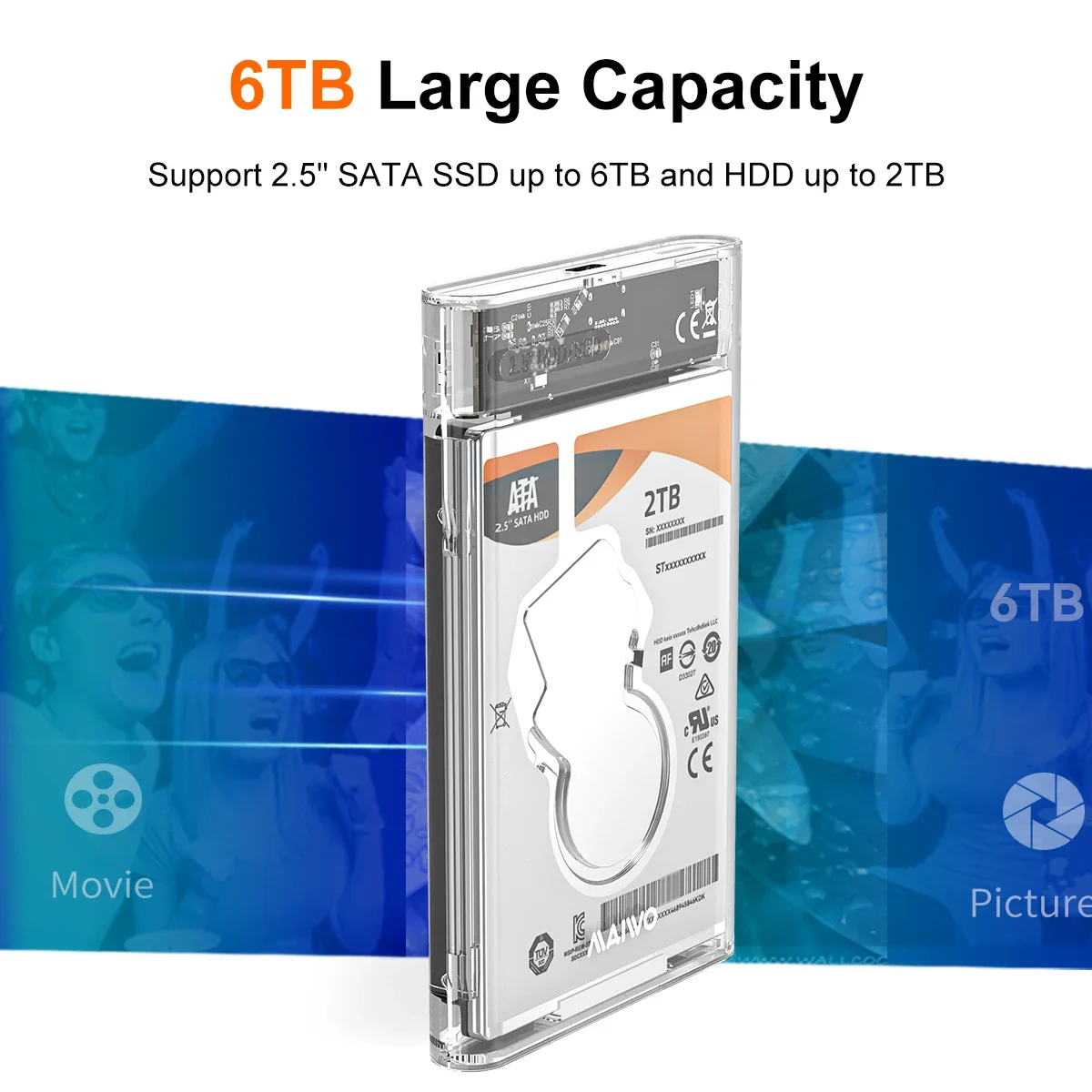 MAIWO casing HDD 2.5 ", sarung Hard Drive kandang USB Tipe C SATA 5Gbps untuk SSD HDD 9.5 7mm, Hard Drive eksternal mendukung TF UASP