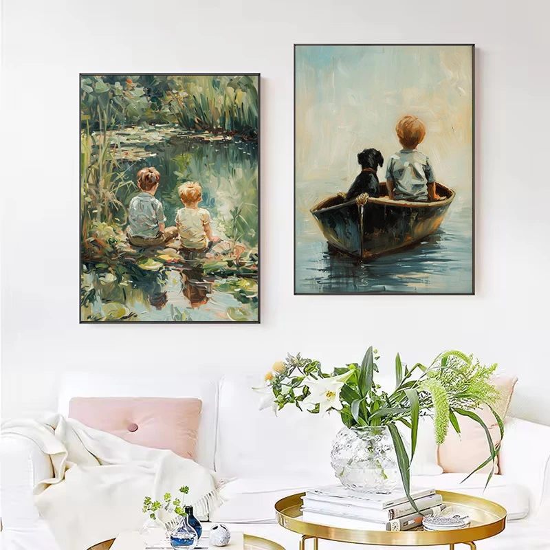 1pc frameless Canvas Painting Retro Fishing Boys Hunting Sketch Lake Nature Landscape Nursery Poster Canvas Painting Wall Art Pi