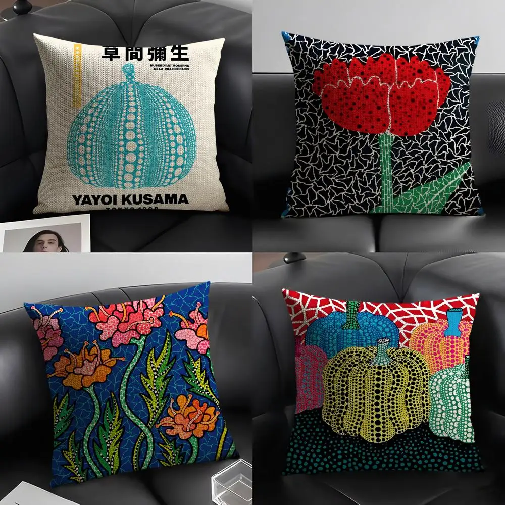 Japan Y-Yayoi Kusama Art Cushion Cover Natural Linen Organic Fabric Double-Sided Printing Breathable Perfect Gift for Decor