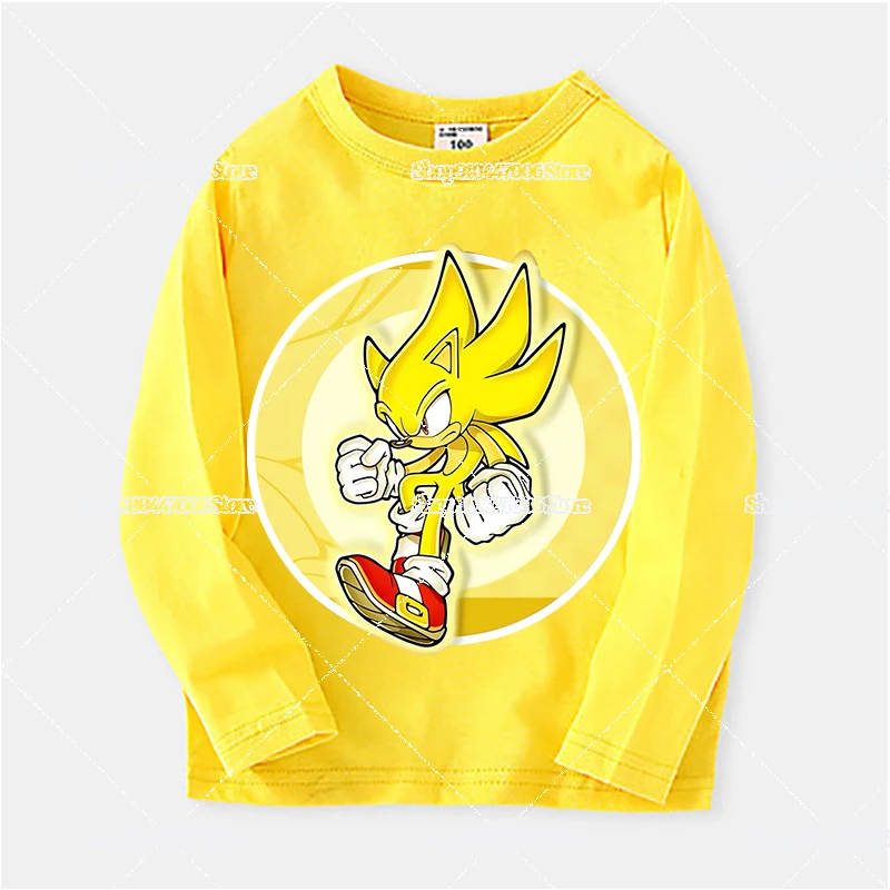 Cartoon Sonics Graphic T-shirt Long Sleeve Anime Figure Print Children Clothes Kids Kawaii Pallover Spring Autumn Tops Y2K Gift