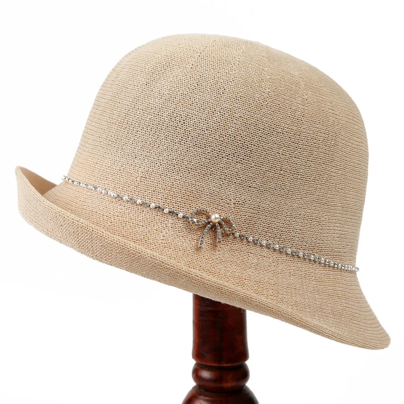 Sunshade Billycock Women's Fashion Elegant Rhinestone Temperament Fisherman Hat Sun Protection Curling Hemp Qu Bucket Hat