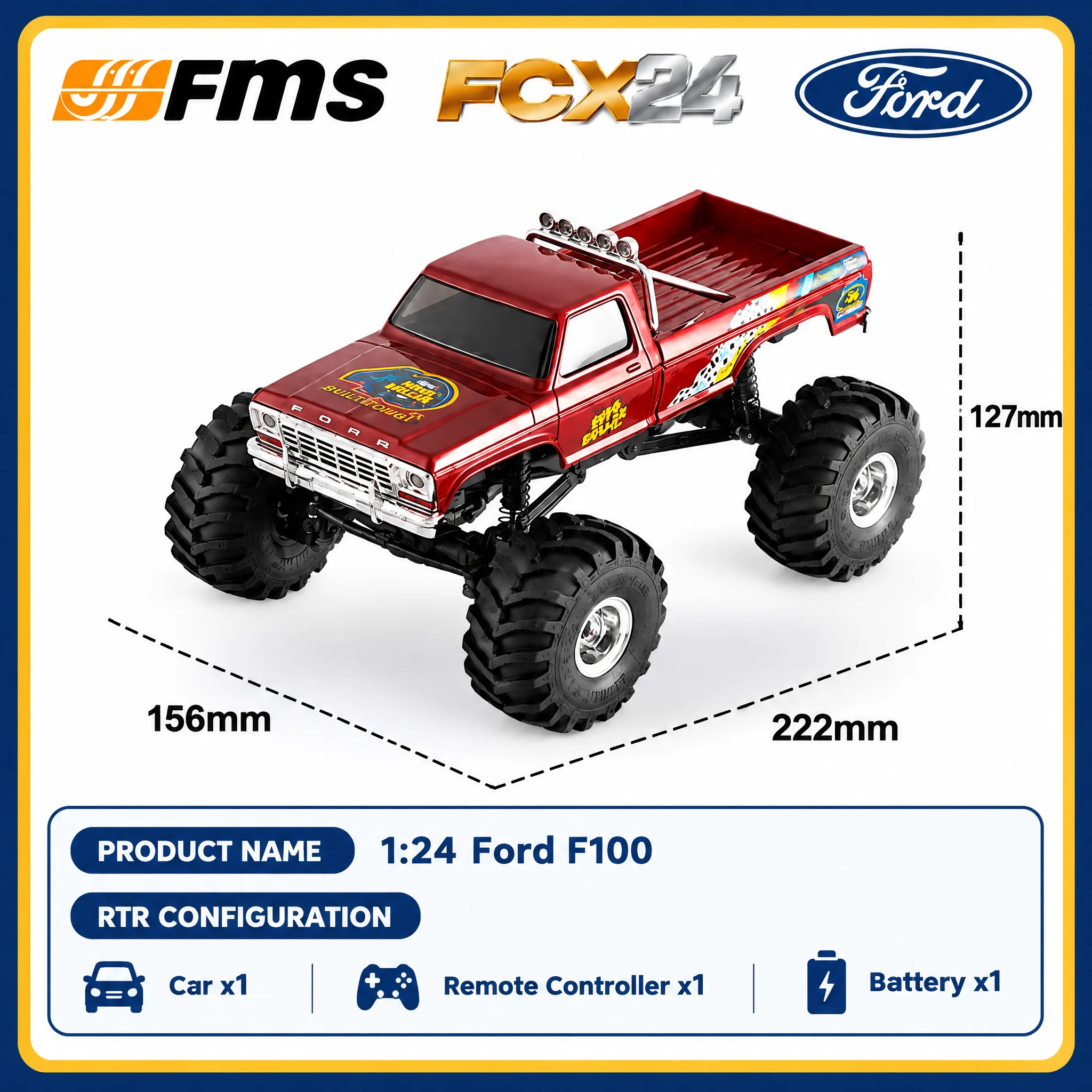 Fms Climbing Car 1/24 Ford F100 Magnetic Adhesive Car Shell Simulation Pickup Truck Model Small-Scale Remote Control Rc Off-Road