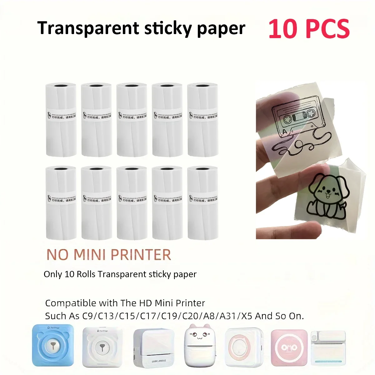 10 Rolls Transparent Thermal Self-Adhesive Paper, 57x25mm Used For Micro Thermal Printer Photo Printing Paper For Memo Scrapbook