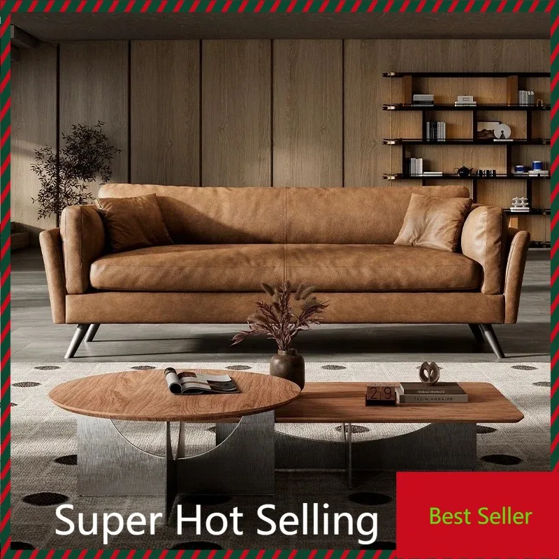 

G80 Italian retro first-layer cowhide sofa straight row full aniline leather multi-person medium and ancient style
