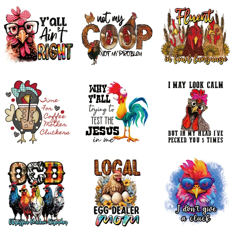 Funny Animal Transfer Iron On Coloful Cute Cock Decal Colorful Design For Clothes Tshirts Jacket Washable Patches