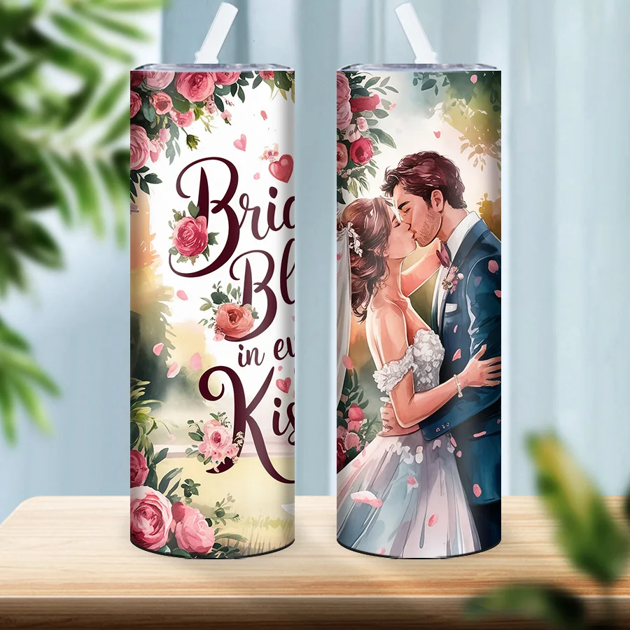 1Pc 3D Print Wedding Scene Bride Groom Kiss Party Tumbler Lid Straw 20oz Stainless Steel Skinny Straight Drink Mug Wedding Bless