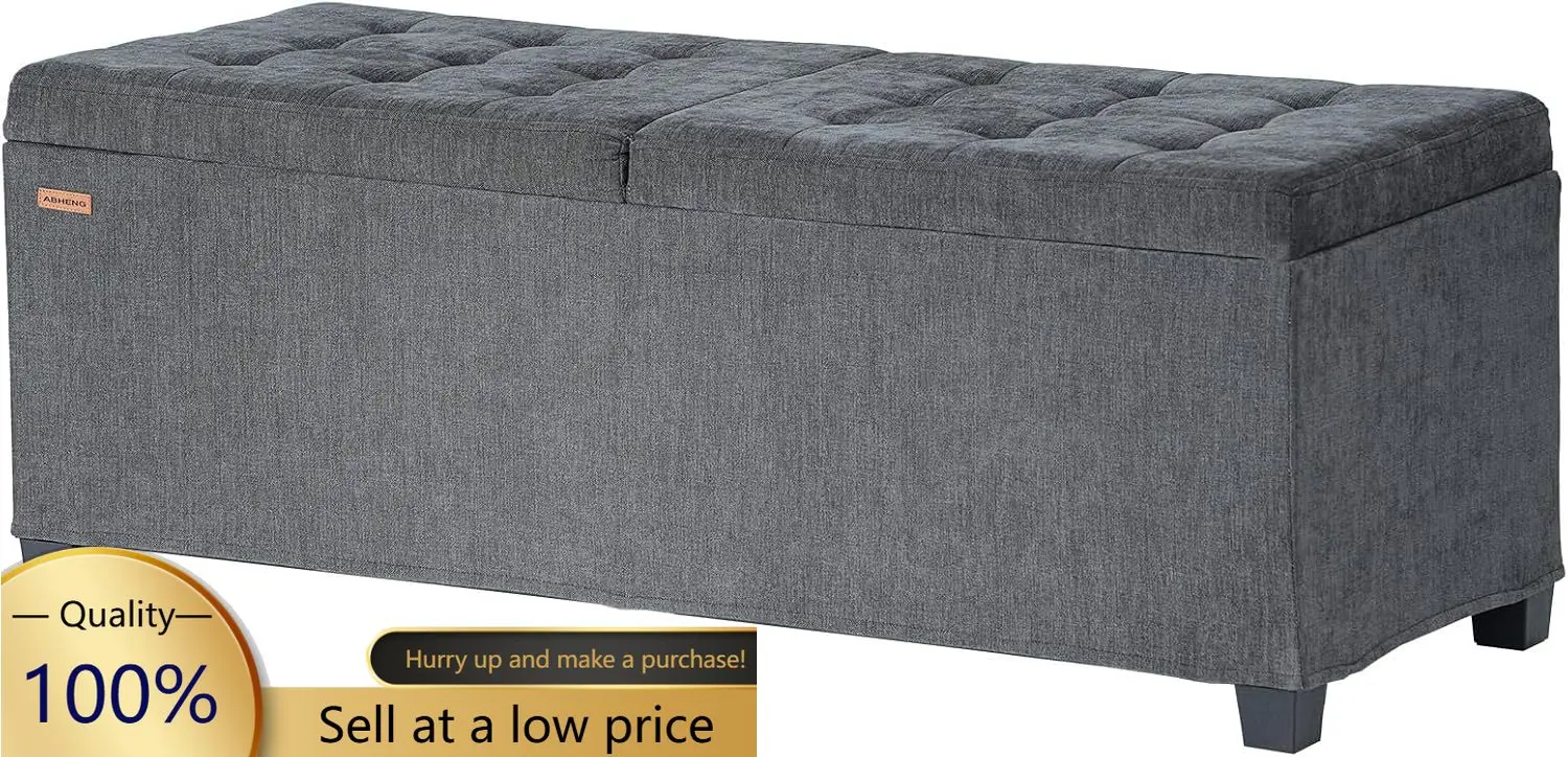 Chenille Charcoal Storage Bench Ottoman Bed End