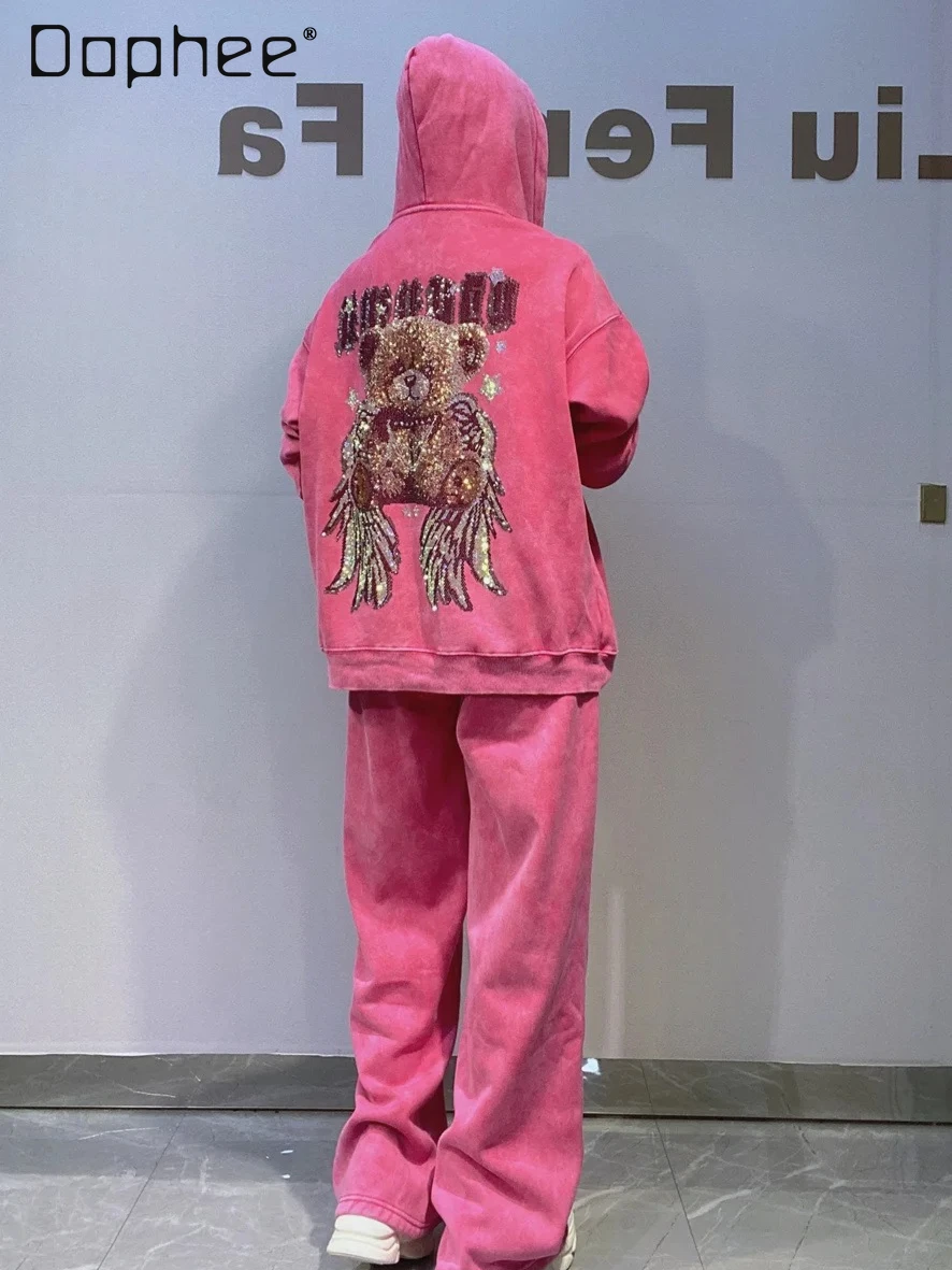 

Rhinestone Hooded Zipper Cardigan Set for Women Autumn Winter Sports Casual Fleece Lined Thick Tie-Dye Sweatshirt Two-Piece Sets