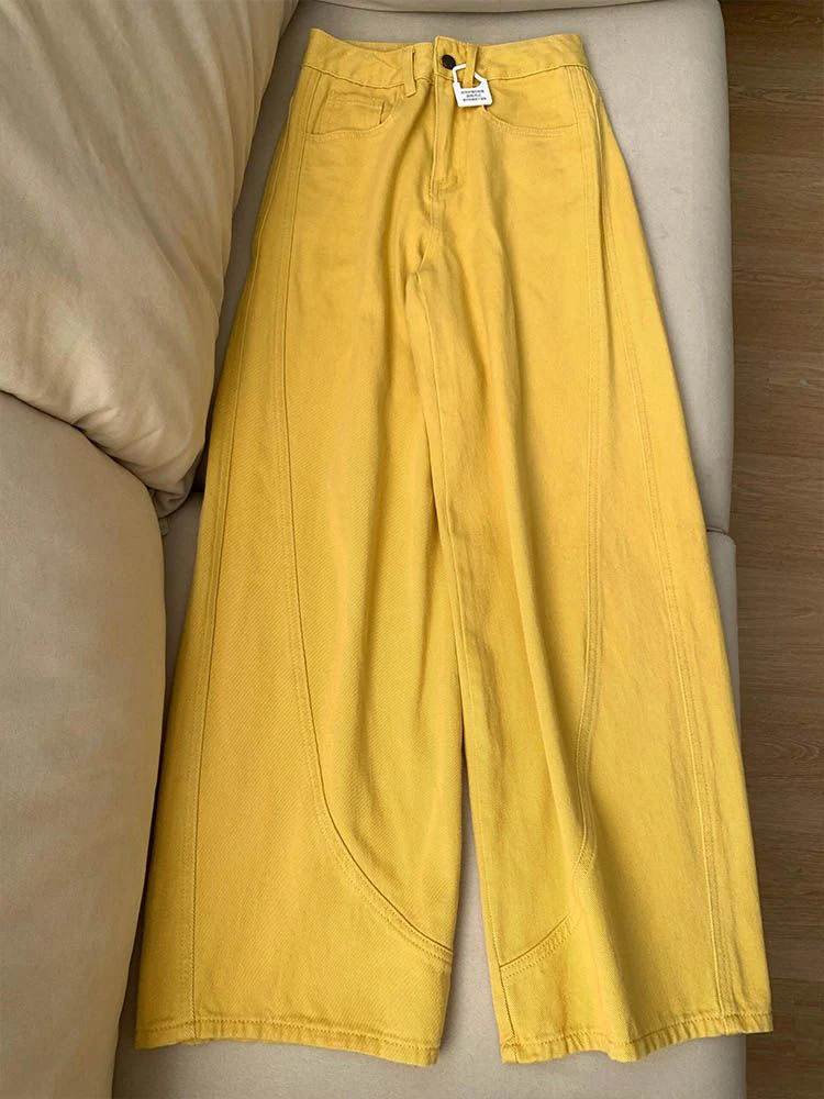 American Loose Wide Leg Jeans for Women Y2K High Waist Streetwear All Match Yellow Denim Pants Hip Hop Casual Straight Trousers