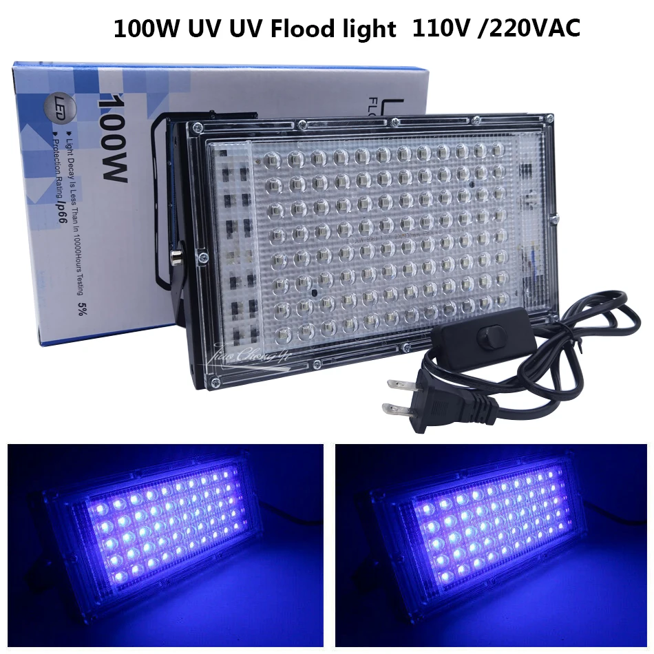 

100W UV Flood Light 110V 220V UV Glue Curing Purple Lamp Ultraviolet LED Black Lights Blacklight Fixtures Glow In The Dark