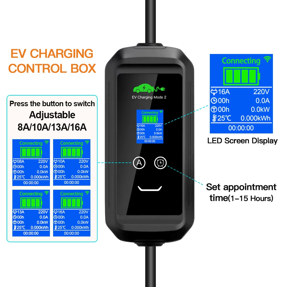 3.6KW GBT Portable EV Charger 16A 1 Phase Wi-Fi APP Bluetooth Version 7KW EVSE Charging with SCHUKO Plug for Electric Car