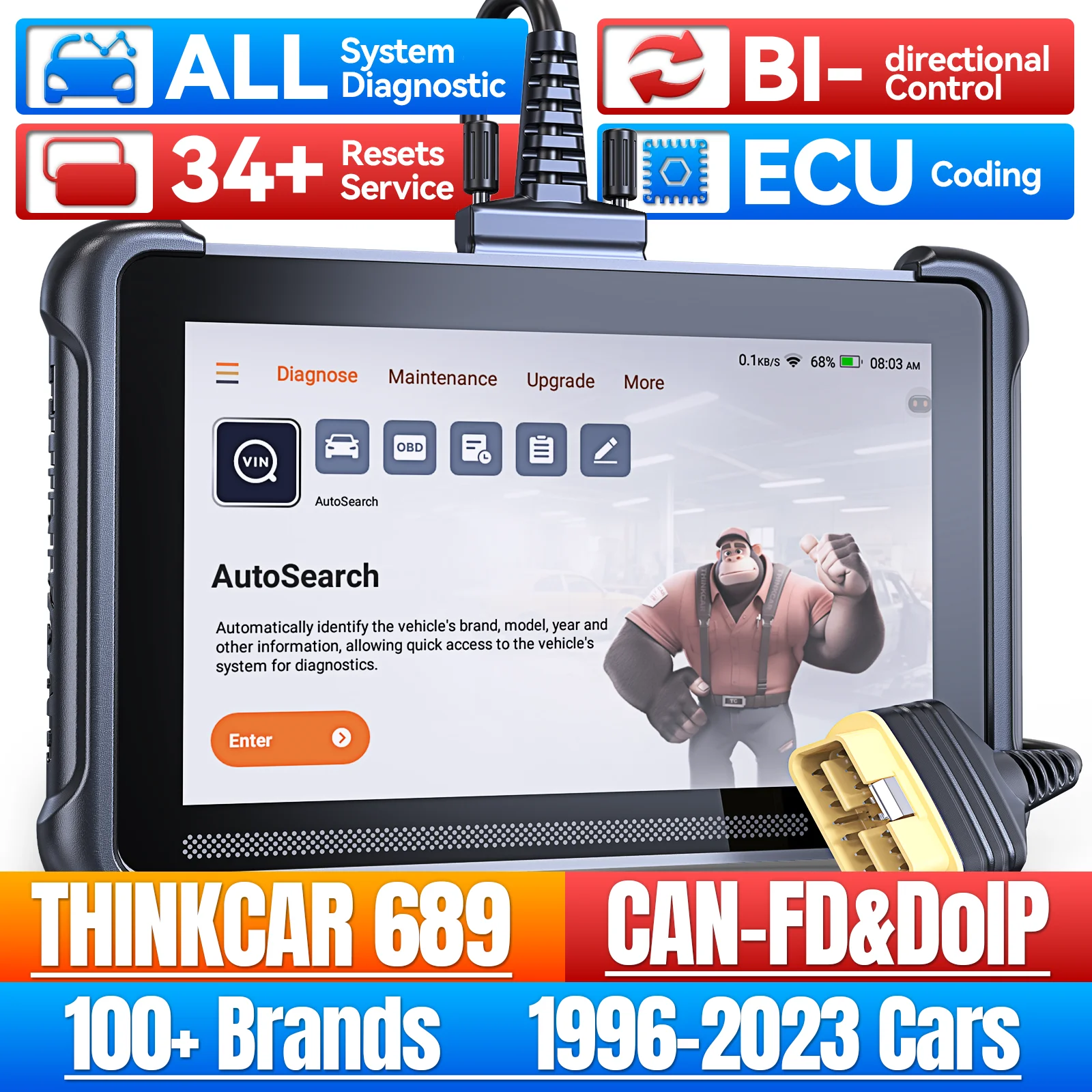 THINKCAR THINKSCAN 689 OBD2 Diagnosegerät CANFD DOIP Alle Systeme Diagnose ECU-Codierung Bidirektional 34 Reset Lebenslang Kostenlos