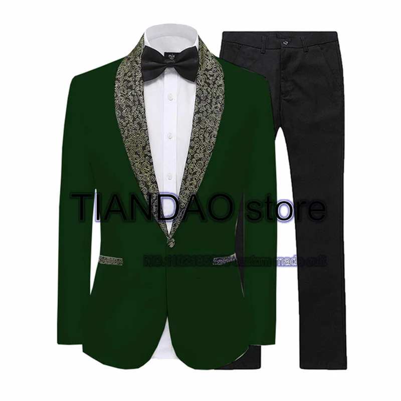 Men\'s Suit Wedding Tuxedo Gold Shawl Collar Jacket Set Formal Party Blazer Pants 2 Piece Male Complete Outfit