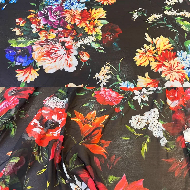 

Black Base Colorful Flower Printed Thin Chiffon Fabric For Dress/Blouse Telas Para Costura Tissus DIY Cloth Sewing Material