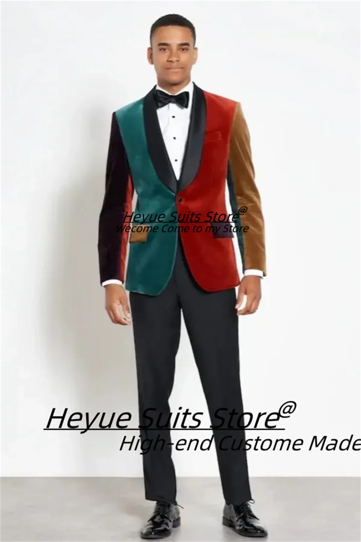 Customized Dark Green And Burgundy Patchwork Velvet One Button Prom Men Suits Slim Shawl Lapel Groom Wedding Tuxesos 2 Pcs Sets