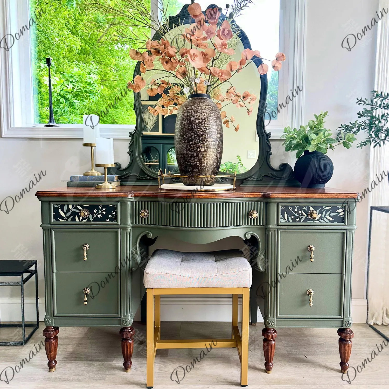 French retro color matching dark green dresser American light luxury solid wood storage cabinet small apartment bedroom