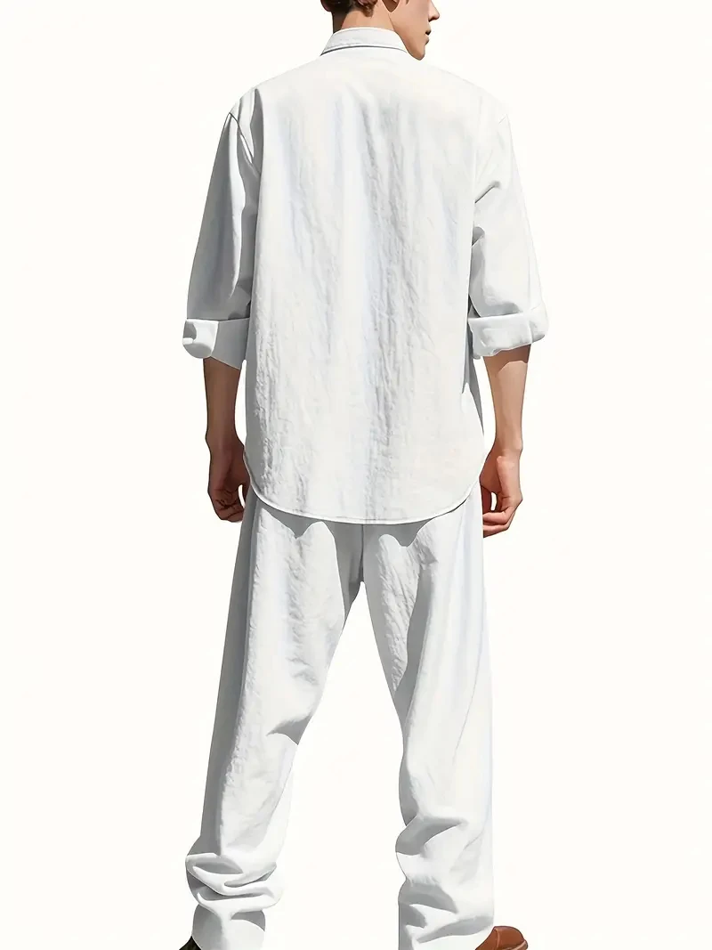 Men's White Linen Suit Set Long Sleeve Henley Shirt and Elastic Waist Pants Two Piece Outfit Summer Casual Comfortable