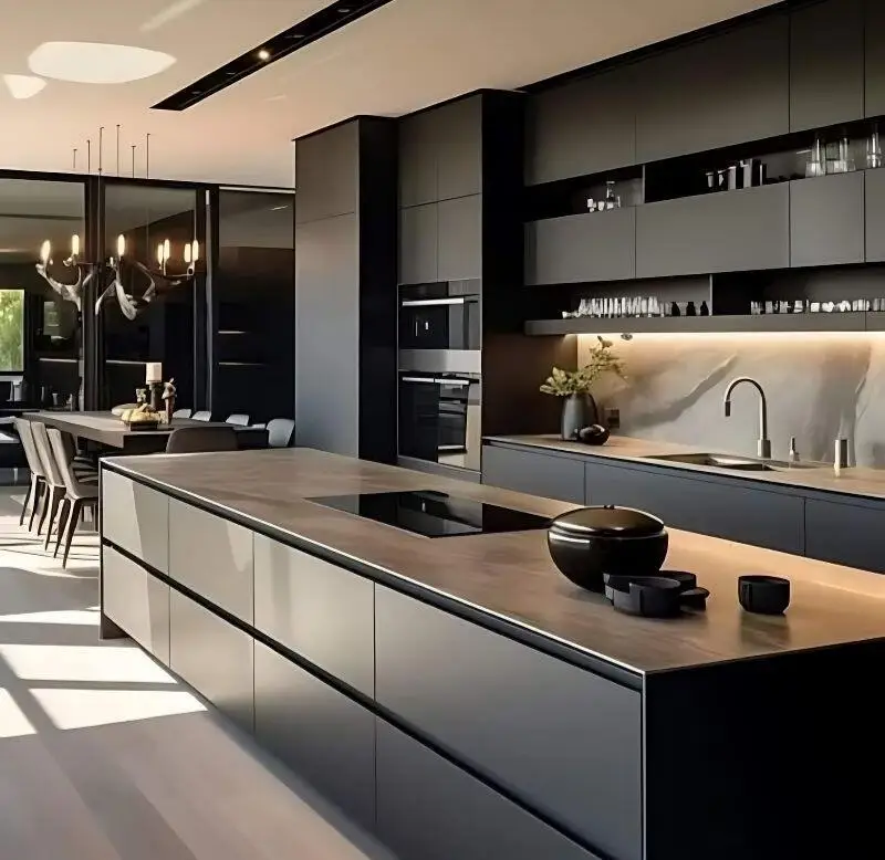 Italian Gray Simple Kitchen Cabinet - Modern Design Wood Grain Look for Storage Organization