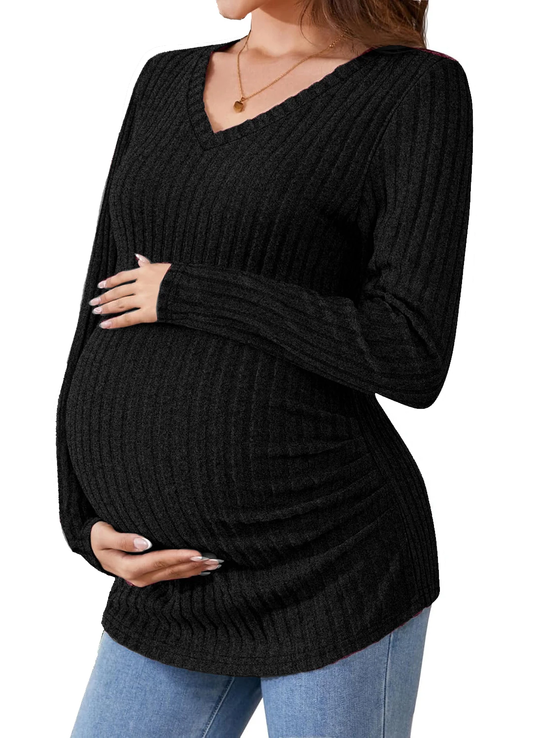 Maternity V Neck Long Sleeve Top Ribbed Knit Side Ruched Pregnancy Blouse Casual Maternity Shirt