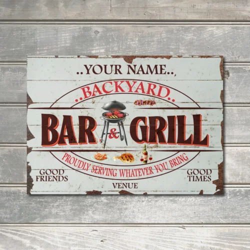 Personalised Grilling Sign Proudly Serving Backyard Bar Wall Decor Metal Plaque