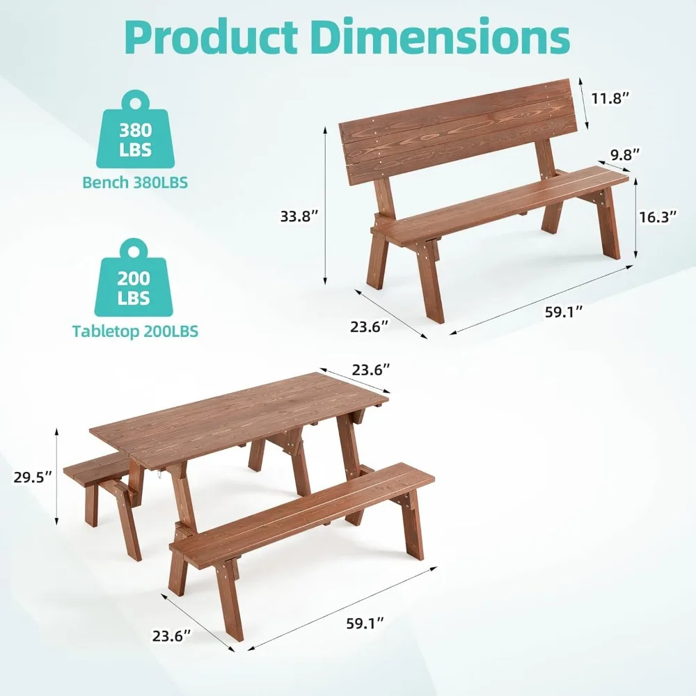 طقم طاولة نزهة قابل للتحويل في الهواء الطلق، أثاث حديقة خشبي 2 في 1 للفناء الخلفي والشرفة والفناء