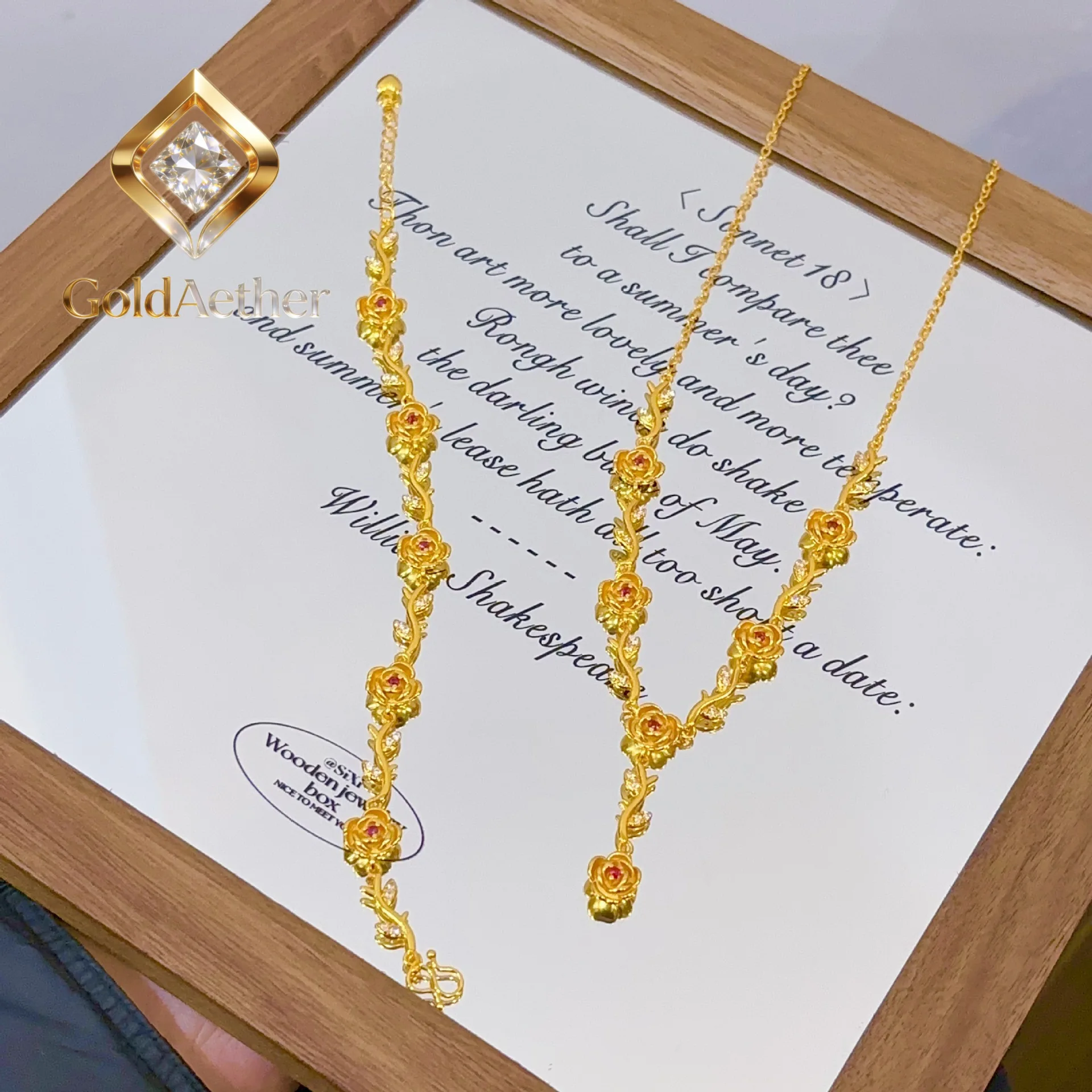 

GoldAether Luxury 24K 9999 Pure Gold real gold Women's Bracelet Red Diamond Rose Branches Necklace Clavicle Chain