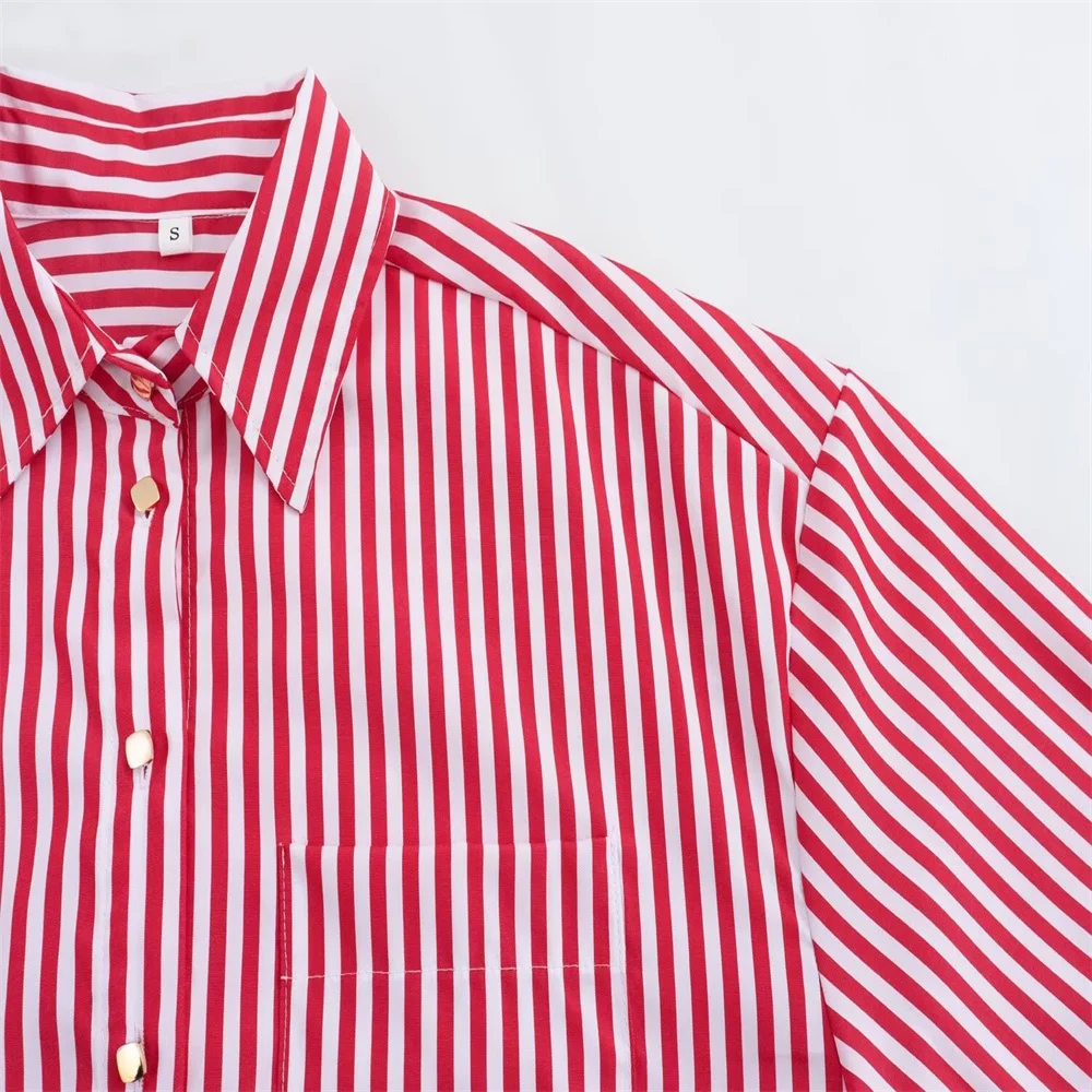 PB&ZA 2024 Women\'s Summer European and American Style Casual Versatile Curled Cuff Red Stripe Loose Shirt