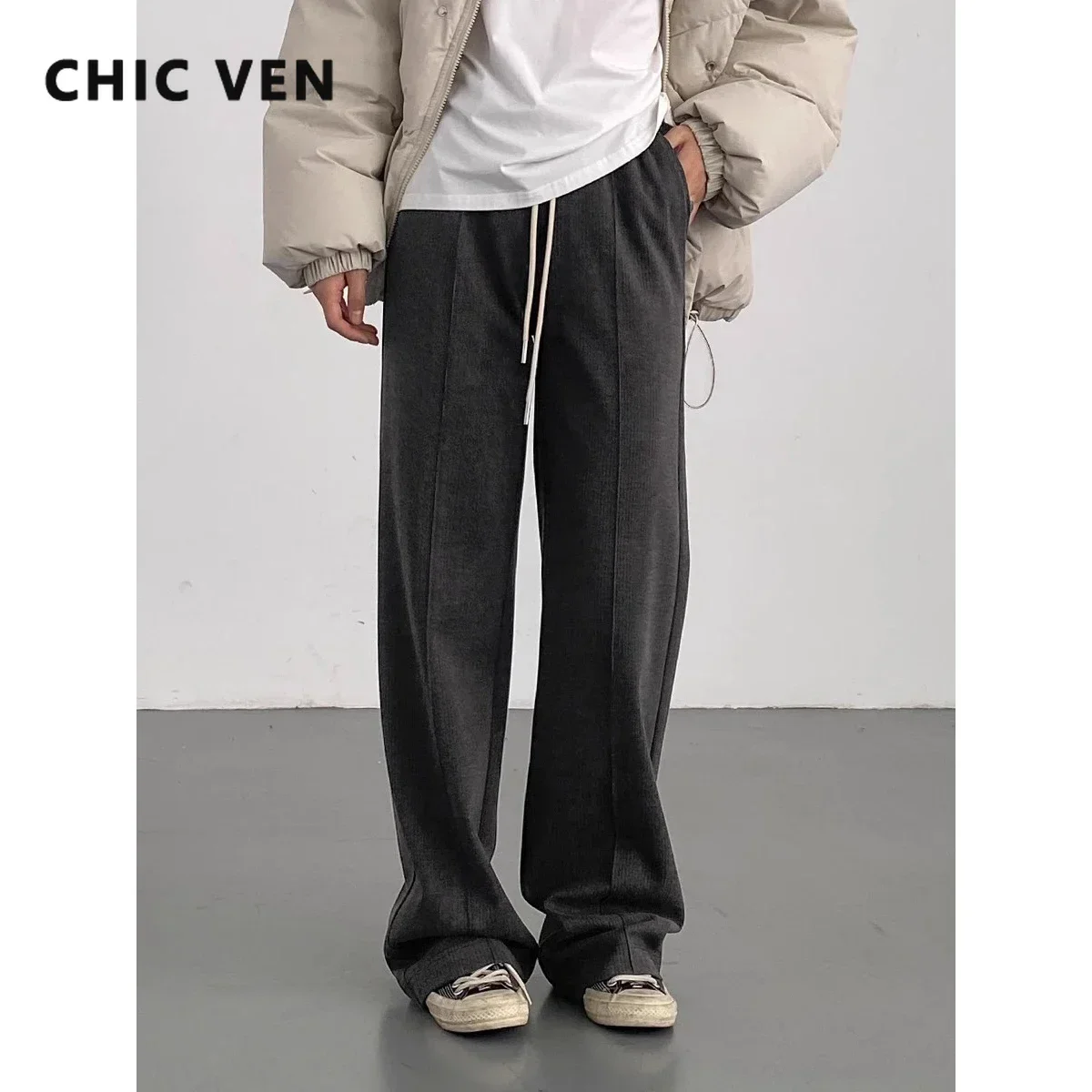 CHIC VEN Women\'s Pant New High Waist Brushed Casual Wide Leg Pants Elastic Waist Female Trousers Office Lady Winter Autumn 2023