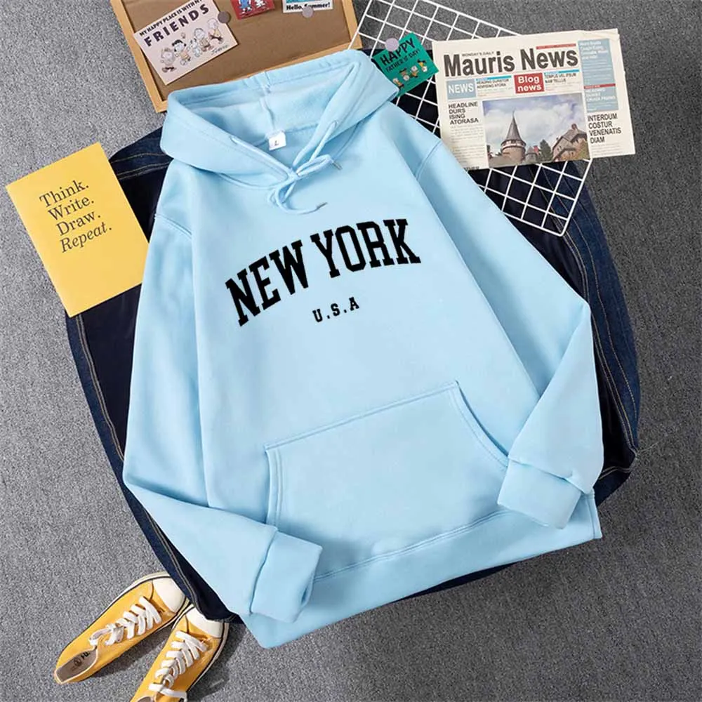 Men Women New York U.S.A City Hoodies Fashion Letter Printed Graphic Sweatshirts Loose Casual Harajuku Hooded Pullover Sportwear