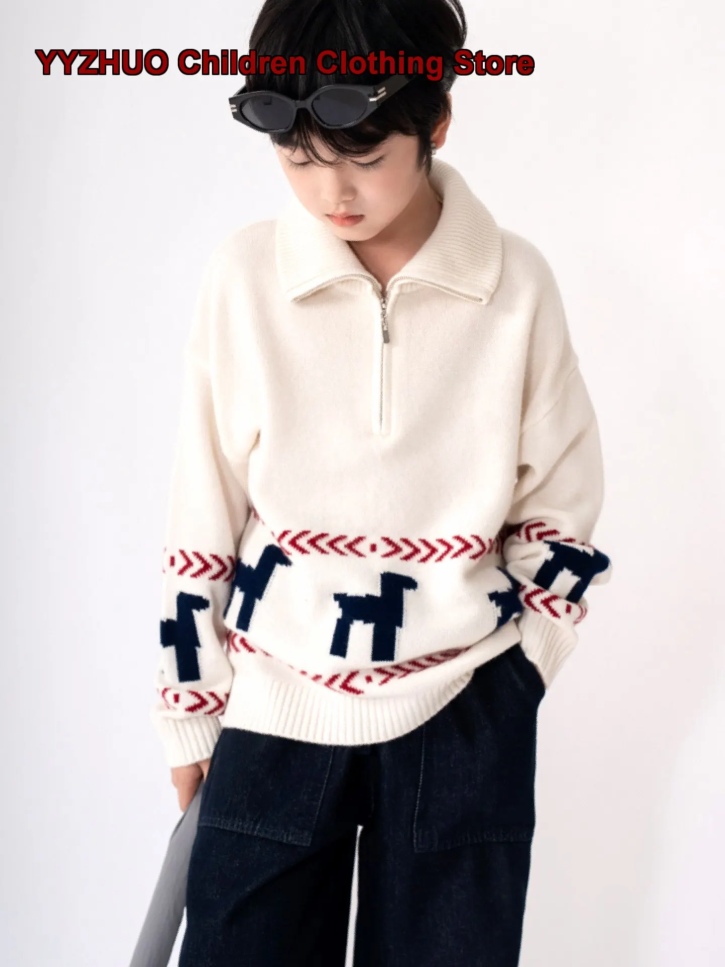 Boys Polo Collar Sweater Kids Autumn Winter Thickened Knit Top Solid Color