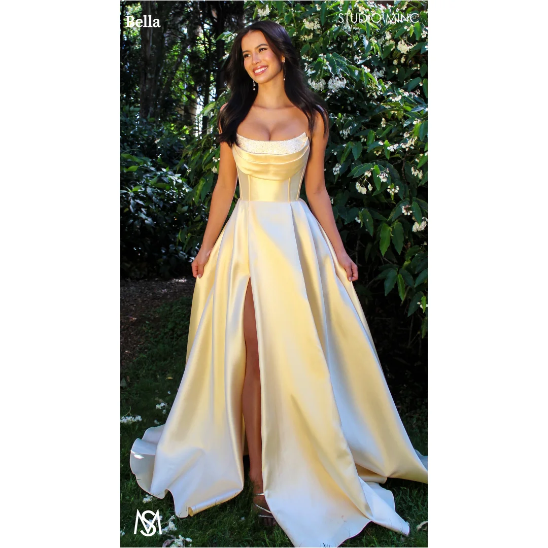 

Bella Customized Glitter Strapless Side Slit robes de soirée Backless Sleeveless Satin Party Dresses Floor-Length Prom Dress
