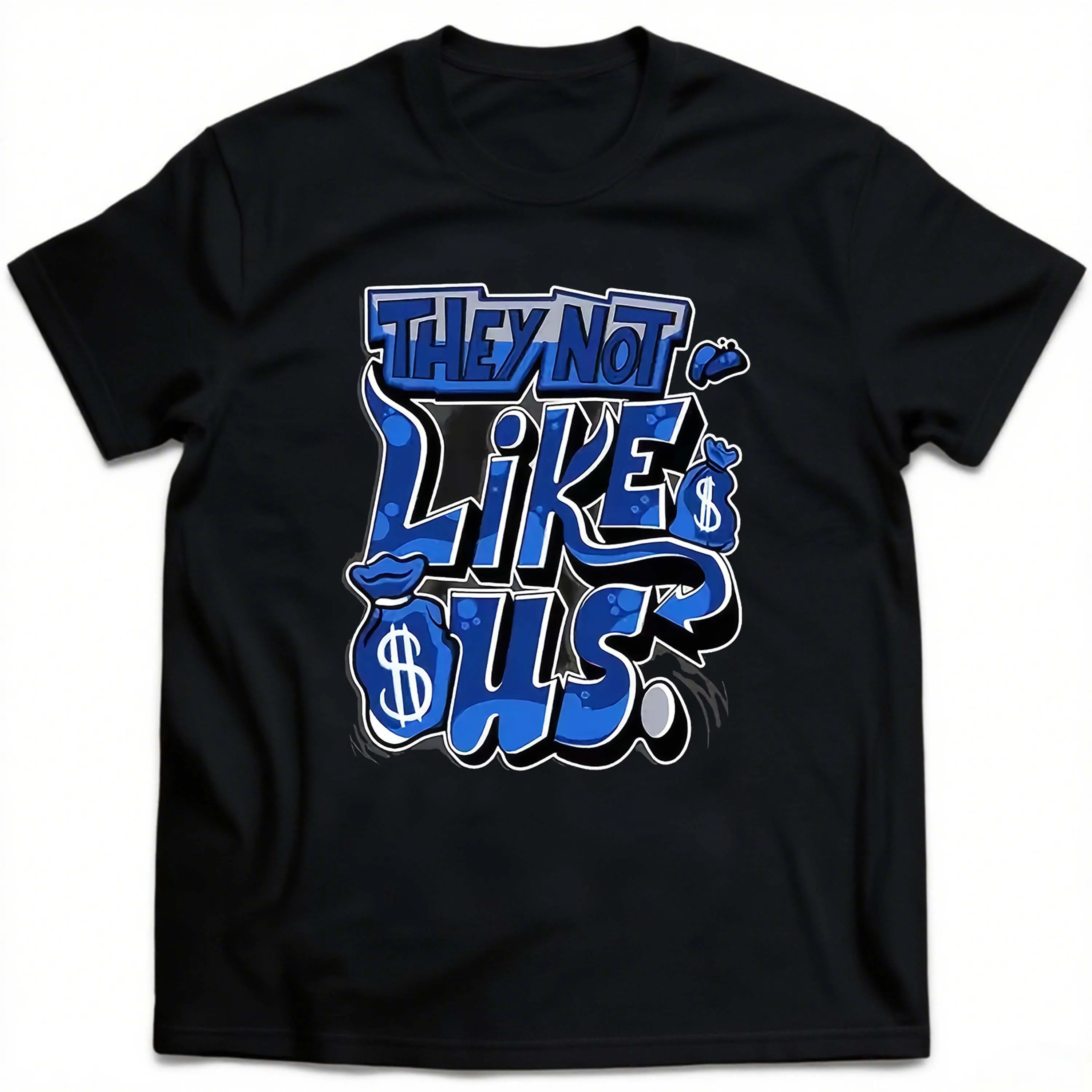 Plus Size Black Short Sleeve T-Shirt with Trendy“They Not Like Us” Graphic Design Suitable for Outdoor Leisure Wear in Summer