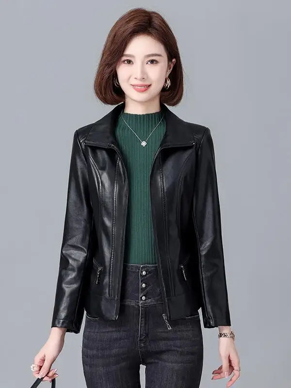 봄 가을 신상 슬레 하이펑 정품 가죽 자켓 여성용 슬리밍 양가죽 자켓 플러스 사이즈 가죽 코트