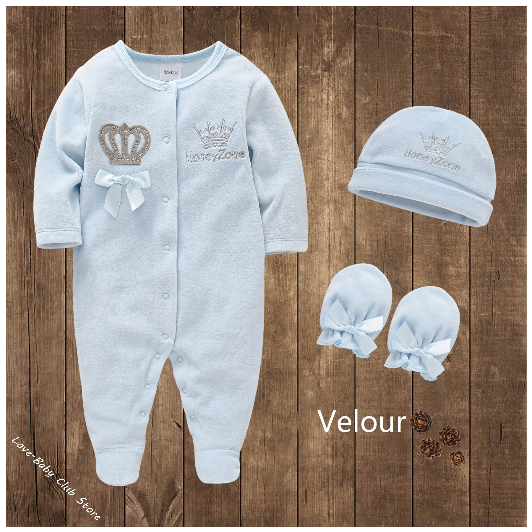 Baby Boy Girl Velour Romper Royal Crown Clothing Set Cap Mitts Newborn Prince Sleepsuits Princess One-Pieces Footies Pajamas