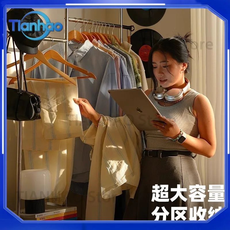 Clothes Rack for Home Use Portable Floor Standing Clothes Hanger with Wheels Stainless Steel Wardrobe Organizer for Bedroom