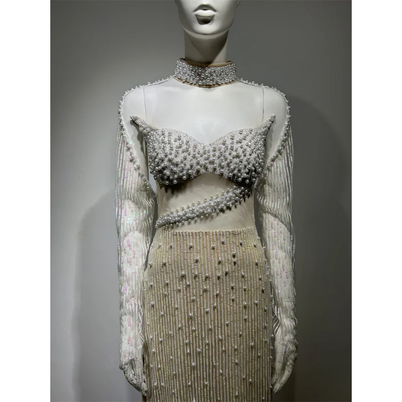 2025New Arrival Beaded Sequin Sexy Sheer High Slit Long Sleeve Dress Engagement Party Evening Gown